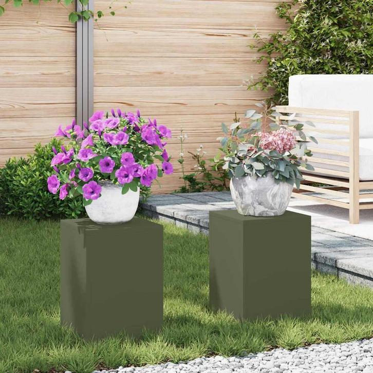 vidaXL Plantenstand 2 pcs Olijfgroen 24 x 24 x 35 cm Staal, Tuin en Terras, Bloembakken en Plantenbakken, Nieuw, Verzenden