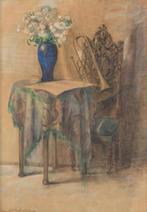Schoenmakers (XIX-XX) - Blauwe vaas met bloemen op tafel