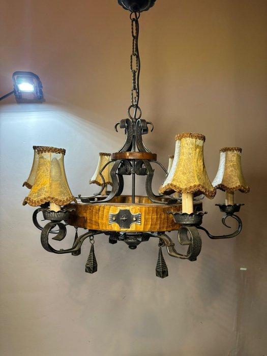 Lamp - Rustiek Art Deco smeedijzeren hanglamp - Hout, IJzer, Antiek en Kunst, Curiosa en Brocante