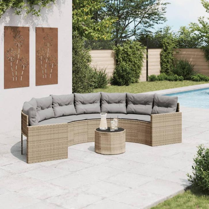 vidaXL Tuinbank met tafel en kussens halfrond poly rattan, Tuin en Terras, Tuinsets en Loungesets, Nieuw, Verzenden