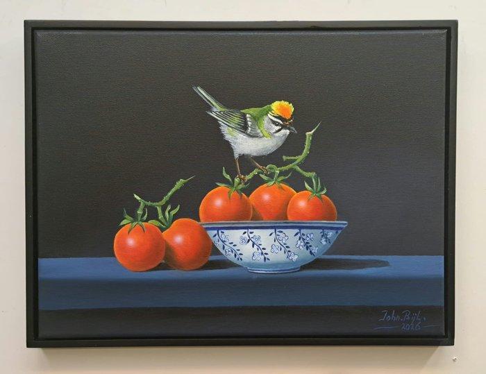 John Bijl (1951) - Goudhaantje met trostomaten., Antiquités & Art, Art | Peinture | Classique