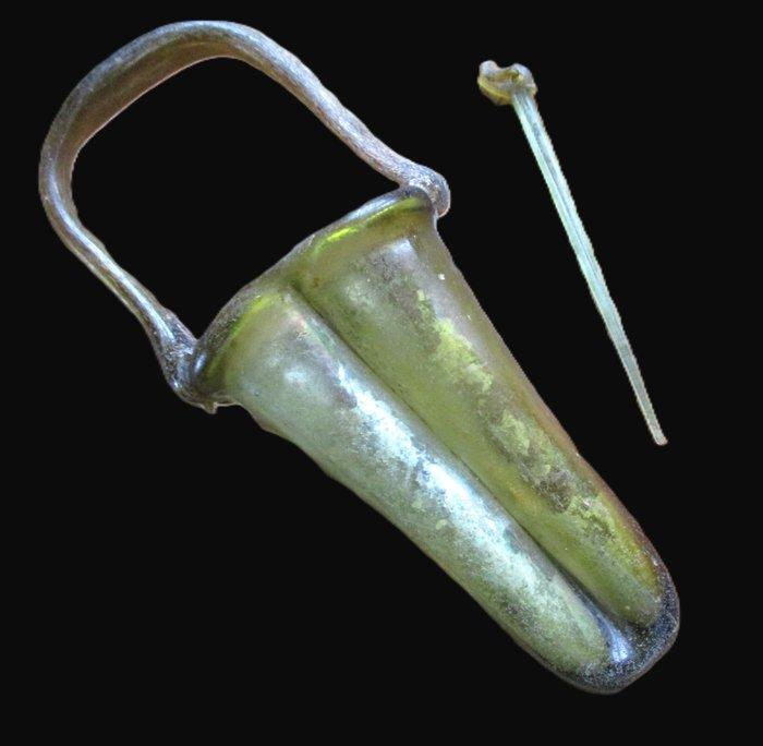 Oud-Romeins Glas ex-Sothebys amber dubbele unguentarium met, Antiek en Kunst, Antiek | Overige Antiek