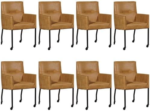 Set van 8 Leren eetkamerstoelen - met wieltjes en armleuning, Huis en Inrichting, Stoelen, Overige kleuren, Vijf, Zes of meer stoelen