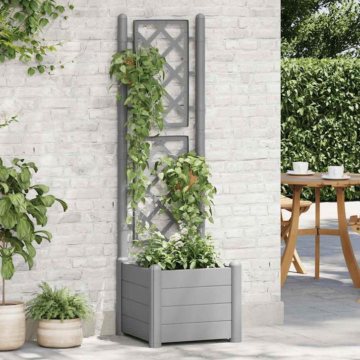 vidaXL Plantenbak met latwerk 43x43x142 cm PP steengrijs, Tuin en Terras, Bloempotten, Nieuw, Verzenden