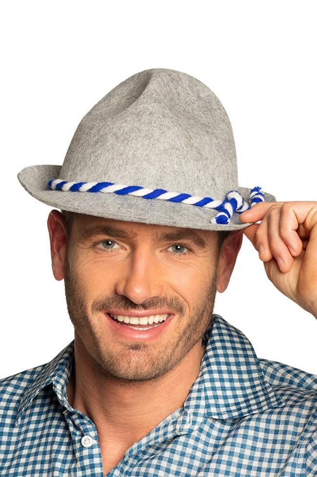 Grijze Tiroler Hoed Blauw Wit Touw Jagershoedje Oktoberfest, Hobby en Vrije tijd, Feestartikelen, Nieuw, Ophalen of Verzenden