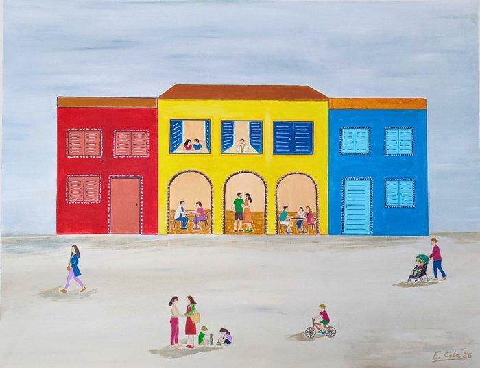 Esther Cela - Tarde de encuentros cotidianos, Antiek en Kunst, Kunst | Schilderijen | Modern