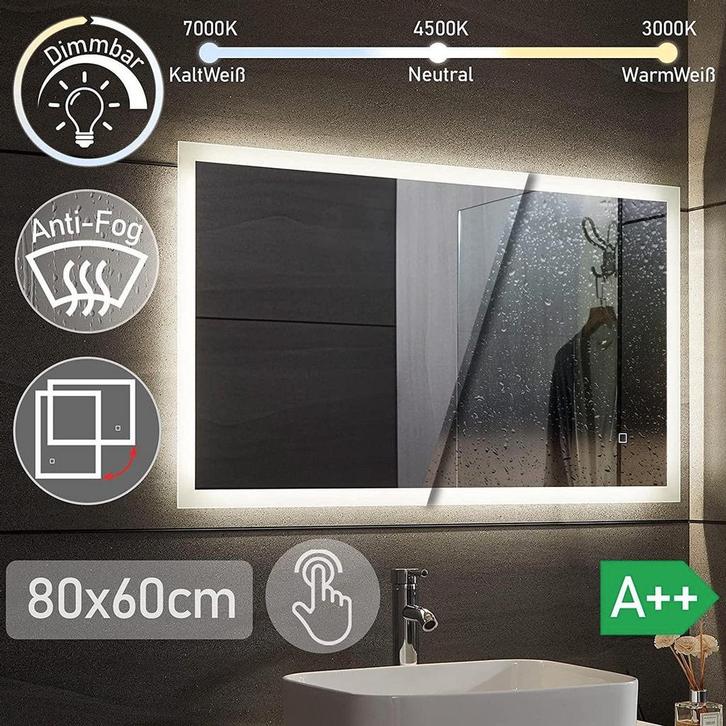 LED Badkamer spiegel 80x60 cm, horizontaal of verticaal te p, Huis en Inrichting, Overige Huis en Inrichting, Verzenden