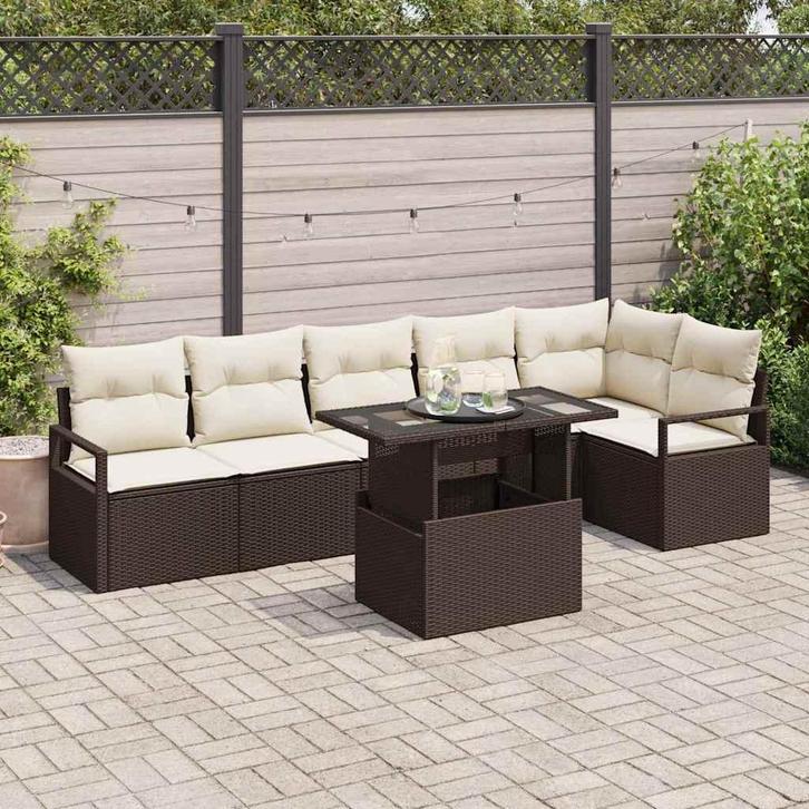 vidaXL Tuinbank Set met kussen 7 pcs Bruin Poly rattan, Tuin en Terras, Tuinsets en Loungesets, Nieuw, Verzenden