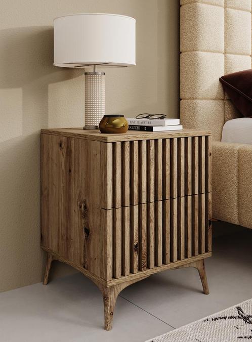 Meubella Nachtkastje eiken 40 cm met 2 lades - Latjes, Huis en Inrichting, Kasten | Overige, Nieuw, Verzenden