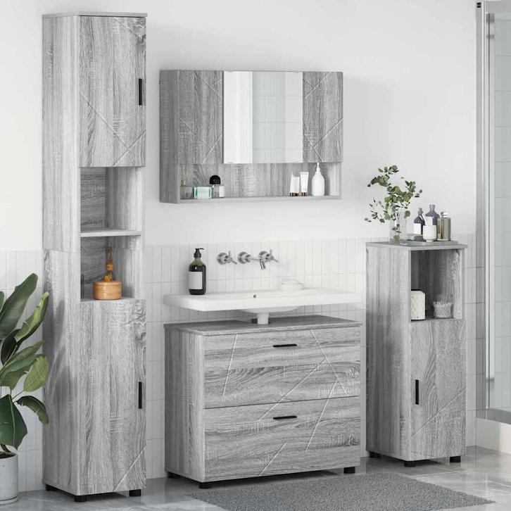 vidaXL Badkamermeubel Set met lade met plank 4 pcs Grijs, Huis en Inrichting, Badkamer | Badkamermeubels, Nieuw, Verzenden