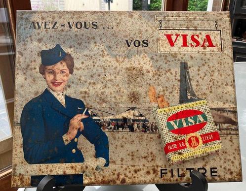 J. Schuybroek. Anvers 1958 - Reclamebord - Cigarettes Visa,, Antiek en Kunst, Antiek | Wandborden en Tegels