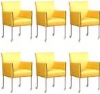 Set van 6 Gele leren moderne kuipstoel - poot rond inox met, Nieuw, Vijf, Zes of meer stoelen, Modern, Leer