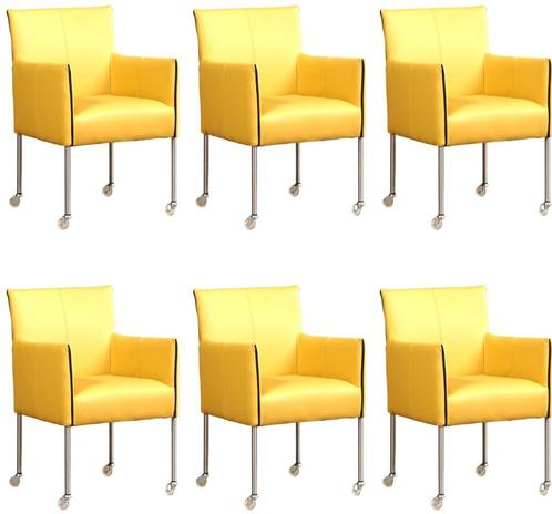 Set van 6 Gele leren moderne kuipstoel - poot rond inox met, Huis en Inrichting, Stoelen, Nieuw, Vijf, Zes of meer stoelen, Leer