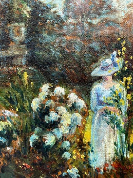 F. Lebourgeois (XIX) - Femme au bouquet dans un parc, Antiek en Kunst, Kunst | Schilderijen | Klassiek
