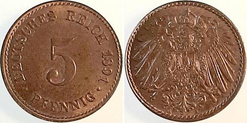 Duitsland 5 Pfennig Probe 1891a Kupfer! Herrlich praegefr..., Postzegels en Munten, Munten | Europa | Niet-Euromunten, België