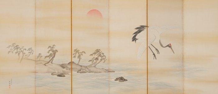 Byôbu écran pliant - Soie, Bois, Papier - Kunii Oyo, Antiek en Kunst, Antiek | Overige Antiek