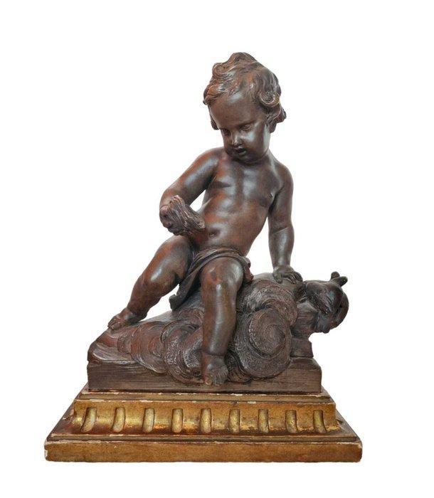 sculptuur, Pareja de amorcillos terracota - 22.5 cm - Hout,, Antiek en Kunst, Antiek | Keramiek en Aardewerk