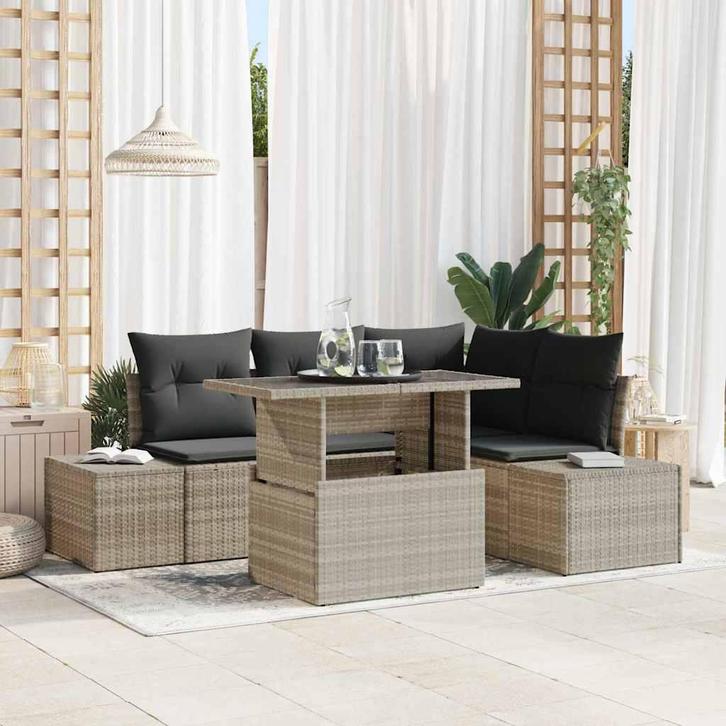 vidaXL Tuinbank Set met kussen 5 pcs Lichtgrijs poly rattan, Tuin en Terras, Tuinsets en Loungesets, Nieuw, Verzenden
