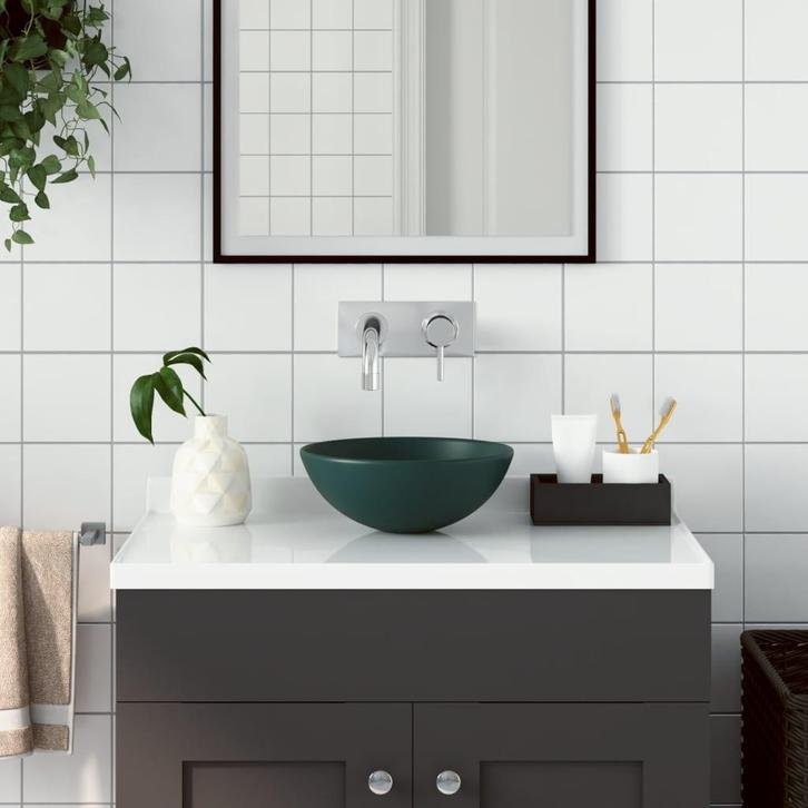 vidaXL Wastafel rond keramiek donkergroen, Doe-het-zelf en Bouw, Sanitair, Nieuw, Verzenden