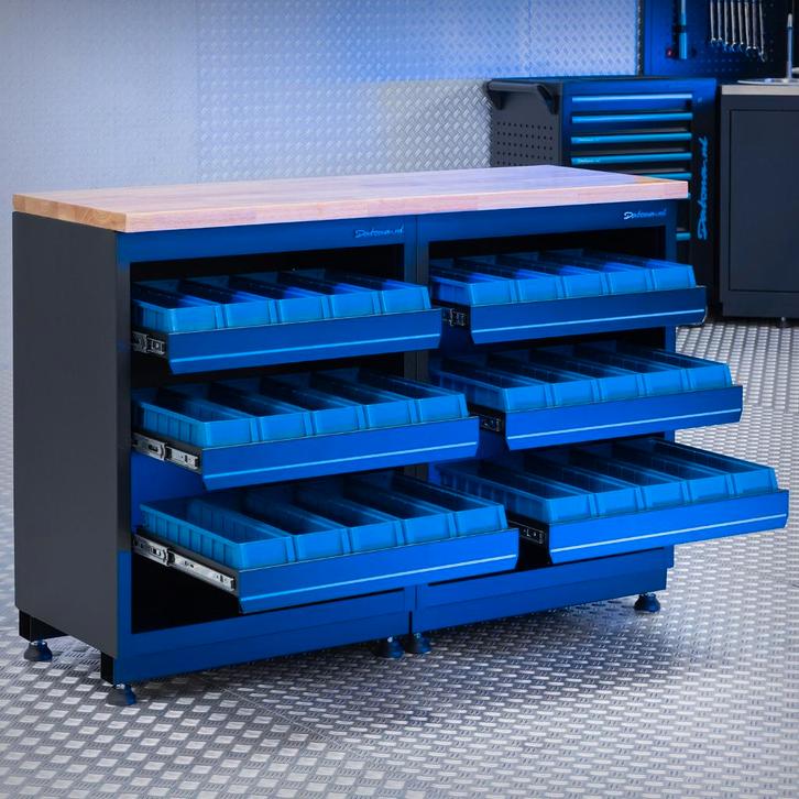 Datona Werkbank PREMIUM eiken werkblad met opbergbakken –, Doe-het-zelf en Bouw, Werkbanken, Ophalen of Verzenden