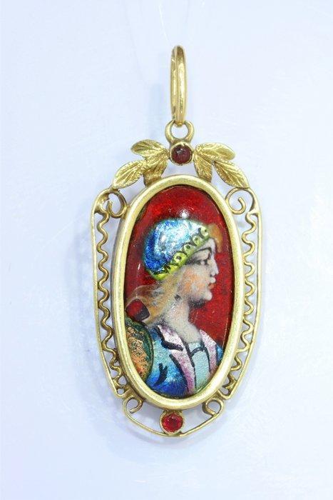Hanger - 18 karaat Geel goud - Email Vintage 1940, Handtassen en Accessoires, Antieke sieraden