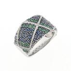 Witgouden ring met saffier, smaragd en diamant | Ca. 0,28..., Handtassen en Accessoires, Ringen, 18 tot 19, Gebruikt, Overige kleuren