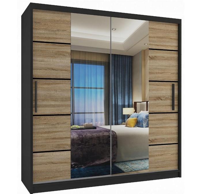 Kledingkast zwart licht eiken 158 cm breed met spiegel en..., Huis en Inrichting, Kasten | Kleerkasten, 50 tot 75 cm, Met lade(s)