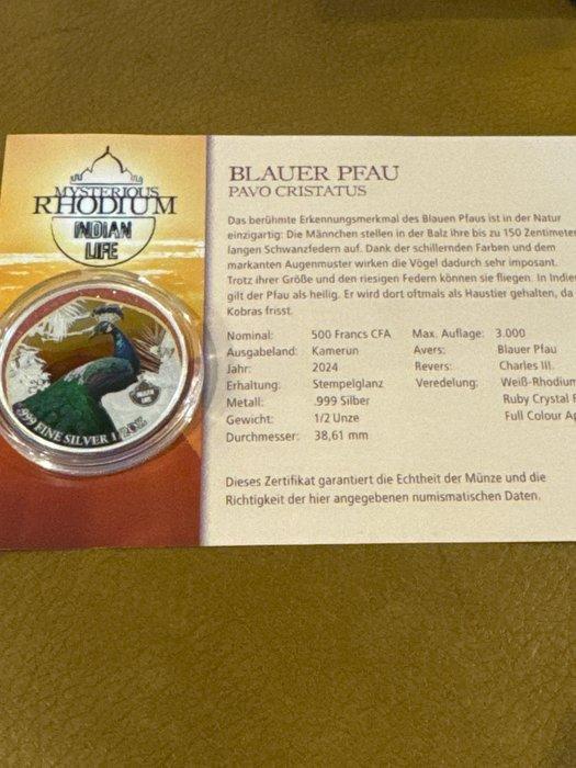 Kameroen. 500 Francs 2024 Blauer Pfau 1/2 oz (.999) with COA, Postzegels en Munten, Munten | Europa | Niet-Euromunten
