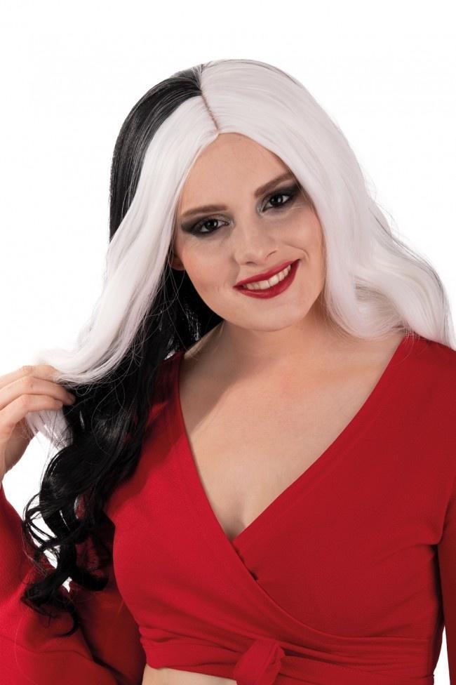 Pruik Selena Lang Met Krullen Zwart En Wit Met Een Witte Lok, Hobby en Vrije tijd, Feestartikelen, Nieuw, Verzenden