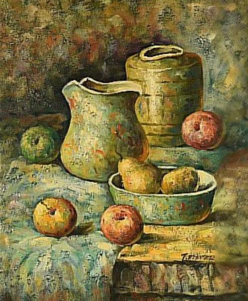 T. Denver (XX) - Still life with fruit and pottery, Antiquités & Art, Art | Peinture | Classique