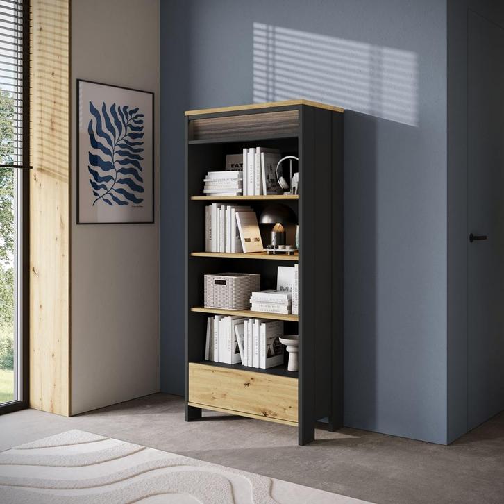 Meubella | Boekenkast eiken zwart 72cm - 1 lade, Huis en Inrichting, Kasten | Boekenkasten, 25 tot 50 cm, Nieuw, 50 tot 100 cm