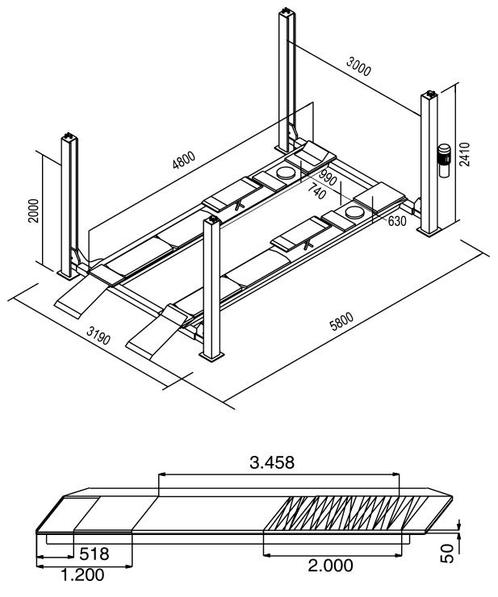 Vier koloms hefbrug 4000kg 4,8m uitlijn 3m doorrijbreedte Ca, Bricolage & Construction, Outillage | Soudeuses, Enlèvement ou Envoi