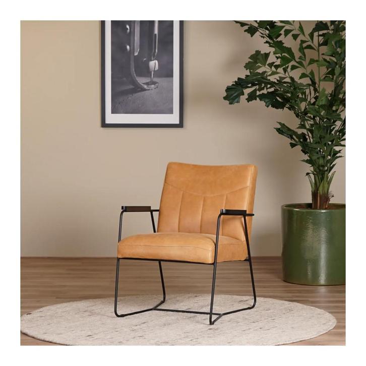 Cognac leren industriële fauteuil Right - Vintage Leer, Huis en Inrichting, Fauteuils, 50 tot 75 cm, 75 tot 100 cm, Nieuw, Leer