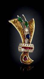Broche Vintage 18k gouden diamanten robijn saffier broche