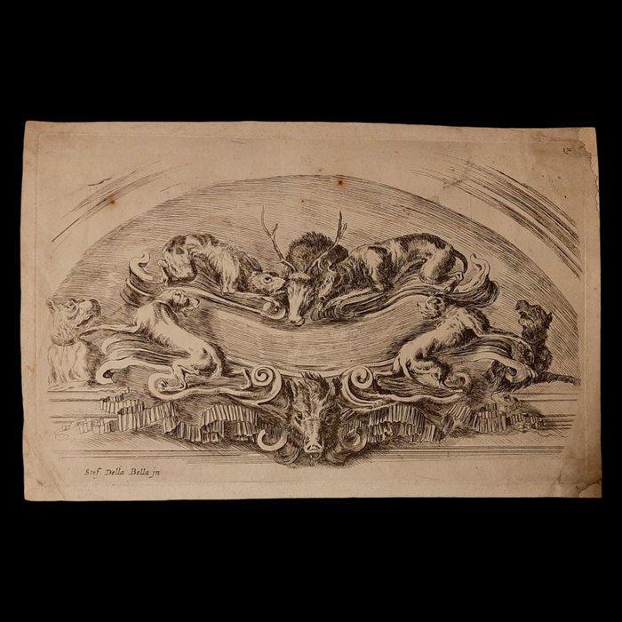Stefano Della Bella (1610-1664) - Cartouche con Trofei di, Antiquités & Art, Antiquités | Autres Antiquités