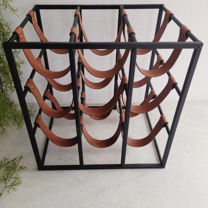 Wijnrek - Leder, Zwartgecoat Staal, Antiquités & Art, Curiosités & Brocante