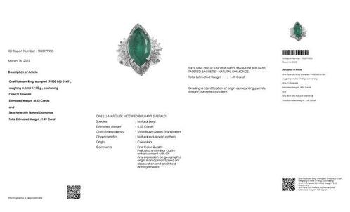 Cocktailring Platina - 10.02ct. tw. Smaragd - Diamant - MOOI, Handtassen en Accessoires, Antieke sieraden