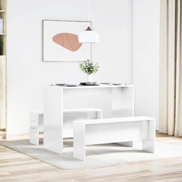 vidaXL 3-delige Eettafel en bankenset bewerkt hout hoogglans, Huis en Inrichting, Complete eetkamers, Nieuw, Verzenden