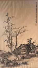 Peinture asiatique ancienne à l’encre sur soie – Paysage zen