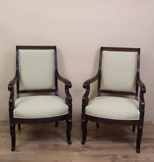 Fauteuil (2) - Mahonie, Zijde, Antiek en Kunst, Antiek | Meubels | Stoelen en Sofa's