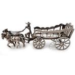 Figurine - zilver miniatuur boerenkar met 2 paarden - Argent