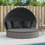 vidaXL Loungebed met luifel en kussens poly rattan grijs, Tuin en Terras, Ligbedden, Verzenden, Nieuw