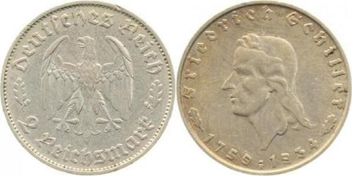 1934f Duitsland 2 Reichsmark Schiller 1934 F, sehr schoen..., Timbres & Monnaies, Monnaies | Europe | Monnaies non-euro, Envoi