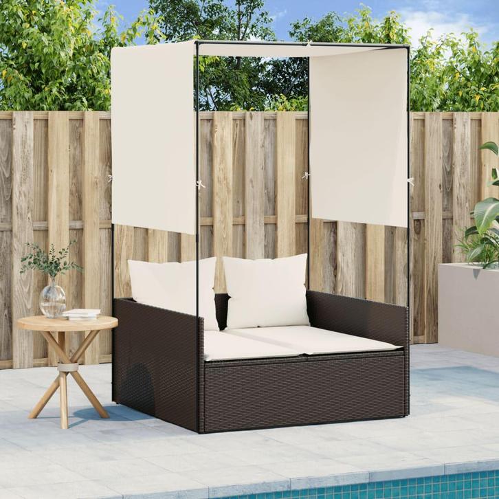 vidaXL Ligbed tweepersoons met dak en gordijn poly rattan, Tuin en Terras, Ligbedden, Nieuw, Verzenden