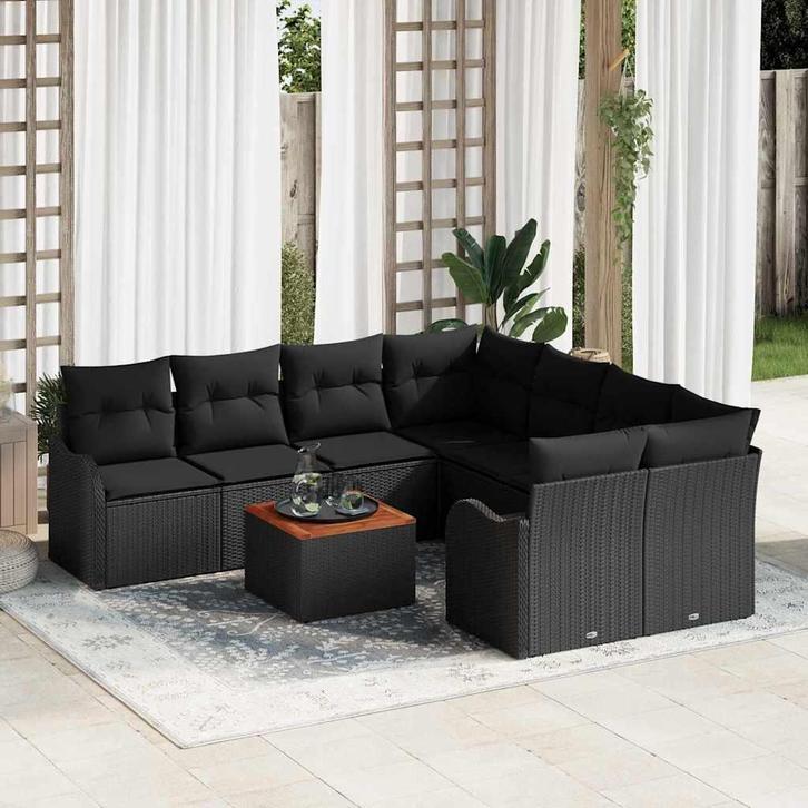 vidaXL Tuinbank Set 9 pcs Zwart Poly rattan, Tuin en Terras, Tuinsets en Loungesets, Nieuw, Verzenden