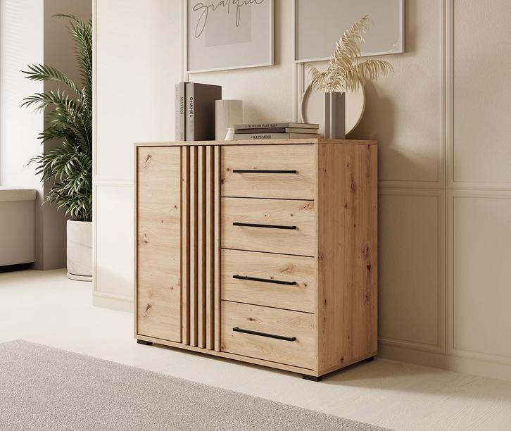 Meubella Dressoir eiken 93 cm - 1 deur 4 lades, Huis en Inrichting, Kasten | Dressoirs, 25 tot 50 cm, Nieuw, 50 tot 100 cm, Verzenden