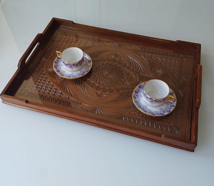 Dienblad - Hout, Glas - gerestaureerd, Antiquités & Art, Curiosités & Brocante