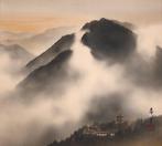 Mountain and Temple Scenery - Morning Sun - Hanging Scroll -, Antiek en Kunst