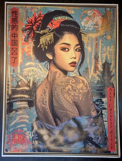 Yorokobi (XX-XXI) - Sexy Chinese Pin-up / hand embellished, Antiek en Kunst, Kunst | Schilderijen | Modern