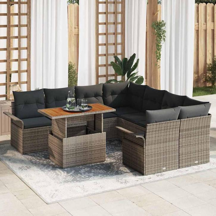vidaXL Tuinbank Set met opslag 9 pcs Grijs Poly rattan, Tuin en Terras, Tuinsets en Loungesets, Nieuw, Verzenden
